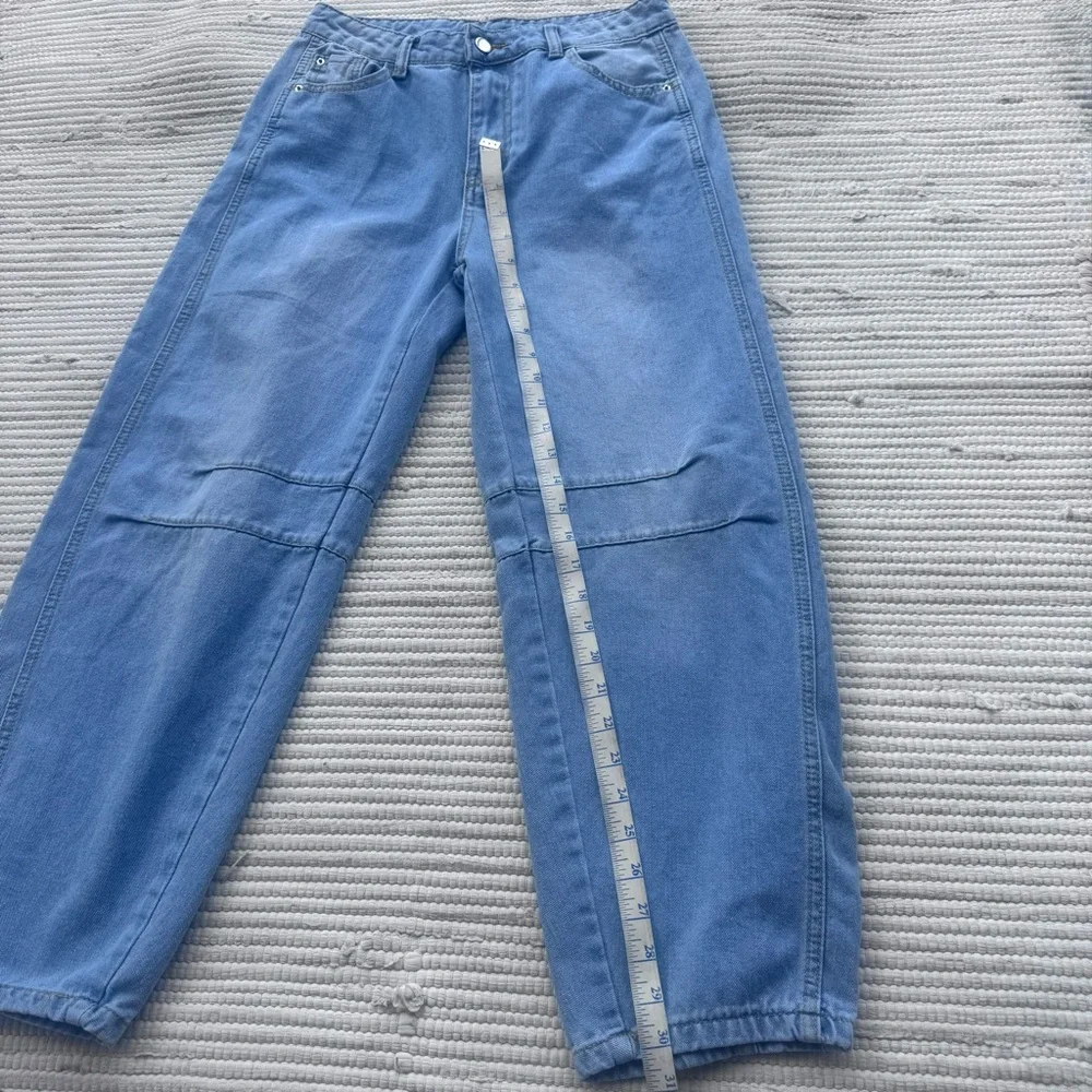 Barrel Leg Horseshoe Jeans High Rise Curved Leg Denim Blue M Trend